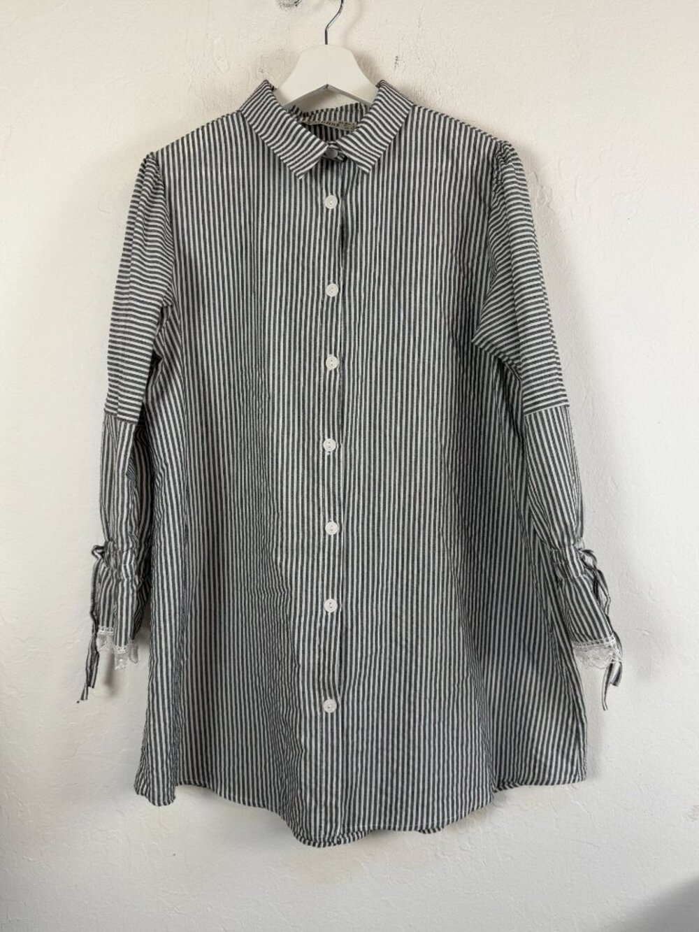 Gülins Striped Cotton Tunic Shirt Ruched Cuff Lace Trim Button Down Blouse Large